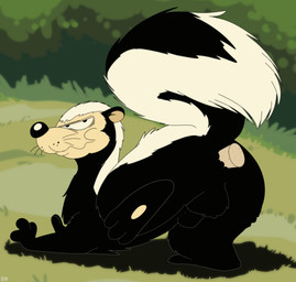 3_toes animal_genitalia animal_penis annoyed anus balls black_body black_fur butt cork cork_in_butt feet feral fully_sheathed fur genitals grass male mouth_closed nude outside paws penis plant presenting raised_leg raised_tail sheath solo tail toes whisker_spots whiskers white_body white_fur fizzpop ox_tales cecil_(ox_tales) mammal mephitid skunk hi_res signature