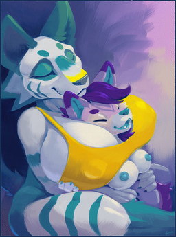 anthro big_breasts blue_inner_ear blue_mouth blue_nipples blue_nose bottomless bra bra_only breasts cheek_tuft clothed clothing dipstick_ears duo ear_markings eyes_closed facial_tuft female fur fur_markings green_body green_fur green_stripes hair hand_on_another's_belly hand_on_another's_breast happy head_between_breasts huge_breasts markings multicolored_ears nipple_outline nipples nude purple_body purple_fur purple_hair simple_background sitting smile stripes tuft underwear underwear_only white_body white_fur yellow_bra yellow_clothing yellow_underwear accidentalaesthetics jaxi_(accidentalaesthetics) domestic_cat felid feline felis mammal pantherine tiger turf_tiger 2024 colored digital_media_(artwork) digital_painting_(artwork) hi_res painting_(artwork) shaded