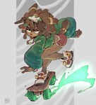 abstract_background anthro big_sleeves bottomwear bracelet brown_body brown_ears brown_fur brown_hair clothed clothed_anthro clothed_female clothing dreadlocks eyebrows eyelashes female female_anthro fingers floppy_ears footwear fur glistening_eyelids green_clothing green_eyes green_jacket green_topwear hair jacket jewelry kerchief leg_scar necklace notched_ear open_mouth red_bottomwear red_clothing red_shorts scar shoes shorts simple_background skateboard solo tail topwear vehicle foresttherotten canid canine canis domestic_dog mammal 2023 dated digital_drawing_(artwork) digital_media_(artwork) full-length_portrait hi_res portrait