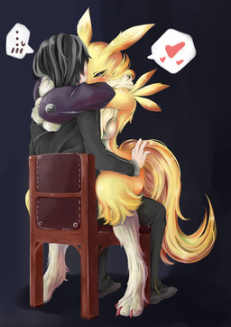 anthro anthro_penetrated biped black_sclera blush blush_lines bodily_fluids chair clothed clothing countershading digiphilia duo ellipsis female female_on_human female_penetrated fluffy from_front_position fur furniture heart_symbol hug human_on_anthro human_penetrating human_penetrating_anthro interspecies love male male/female male_on_anthro male_penetrating male_penetrating_female mastery_position multicolored_body multicolored_fur on_lap penetration romantic romantic_couple sex simple_background sitting sitting_on_lap straddling sweat sweatdrop tail two_tone_body two_tone_fur white_body white_fur yellow_body yellow_fur yellow_tail yin_yang tonta bandai_namco digimon canid canine digimon_(species) human mammal renamon