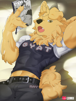 abs anthro bed biceps bottomwear brown_eyes clothing fur furniture hair lying magazine male muscular muscular_male open_mouth pants pecs shirt solo topwear yellow_body yellow_fur lumii i_think_i_like_you ray_(i_think_i_like_you) bird_dog canid canine canis domestic_dog golden_retriever hunting_dog mammal retriever 3:4 absurd_res hi_res