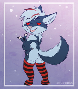 anthro butt chibi clothing femboy legwear male solo stockings ychez faolancelebsul canid canine hybrid mammal absurd_res hi_res