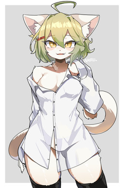 accessory ahoge anthro bare_shoulders black_clothing black_legwear black_pantyhose breasts cleavage clothed clothing collarbone collared_shirt dress_shirt fangs female female_anthro fluffy_ears fur glistening glistening_hair green_hair hair hair_accessory hair_between_eyes heart_symbol legwear medium_breasts multicolored_body multicolored_fur pantyhose partially_clothed partially_open_mouth shirt short_hair solo standing tail teeth topwear translucent translucent_clothing two_tone_body two_tone_fur white_dress_shirt yellow_eyes tofffffu felid feline mammal absurd_res hi_res