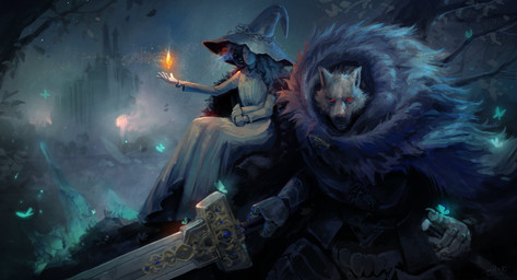 4_arms 5_fingers anthro clothing duo female fingers hat headgear headwear holding_melee_weapon holding_object holding_sword holding_weapon humanoid_hands male melee_weapon multi_arm multi_limb red_eyes sword weapon witch_hat ellixonn elden_ring fromsoftware blaidd_(elden_ring) ranni_the_witch ambient_arthropod ambient_butterfly ambient_insect canid canine canis mammal wolf absurd_res colored hi_res