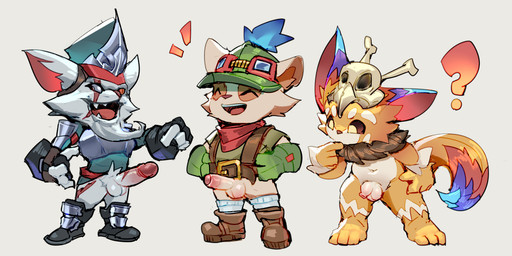 anthro armor balls barefoot belt big_penis boots bottomless breastplate casual_exposure casual_nudity clothed clothing countershading curious erection eye_scar eyewear eyewear_on_head facial_scar feet flaccid footwear foreskin front_view fur genitals gloves goggles goggles_on_head group handwear happy hat headgear headwear male mostly_nude multicolored_body multicolored_fur neck_tuft nude orange_body orange_eyes orange_fur penis presenting red_eyes scar scared scarf shoes simple_background skull_accessory social_nudity socks trio tuft white_background white_body white_countershading white_fur young young_anthro young_male ff_glu league_of_legends riot_games tencent gnar_(lol) kled_(lol) teemo_(lol) yordle 2025 absurd_res colored hi_res shaded adult_(lore)