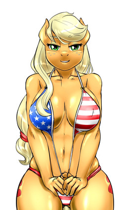 american_flag_bikini anthro bedroom_eyes bikini bikini_bottom bikini_top blonde_hair breasts cleavage clothed clothing female flag_bikini flag_swimwear hair holidays looking_at_viewer narrowed_eyes navel seducing_viewer seductive solo swimwear two-piece_swimsuit undressing sparityqueen 4th_of_july friendship_is_magic hasbro my_little_pony applejack_(mlp) equid equine horse mammal pony hi_res