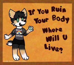 anthro barefoot bottomwear clothing ear_piercing feet female fur green_eyes orange_body orange_fur parody piercing shirt shorts simple_background solo standing tail text text_on_clothing text_on_shirt text_on_topwear topwear celestial_espeon marblesoda canid canine canis mammal wolf english_text low_res
