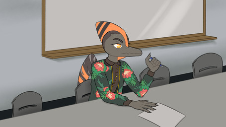 anthro biped bored brown_body brown_clothing brown_hair brown_shirt brown_topwear chair classroom clothed clothed_male clothing fingers floral_print furniture grey_body hair holding_object humanoid_hands inside jacket male markings neutral_expression open_clothing open_jacket open_topwear orange_body orange_eyes paper pen scar school shirt short_hair sitting solo striped_markings stripes table topwear whiteboard wings unknown_artist goodbye_volcano_high ko_op_(game_developer) naser_(gvh) prehistoric_species pterosaur reptile scalie 16:9 colored hi_res shaded widescreen
