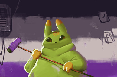ambiguous_gender anthro asexual_pride_colors black_eyes black_nose dewlap_(anatomy) green_body lgbt_pride nonbinary_pride_colors overweight overweight_ambiguous overweight_anthro paint paint_roller pride_colors semi-anthro solo citrusslugcat rain_world videocult citrus_(slugcat) slugcat