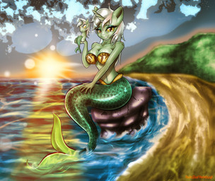 5_fingers anthro anthrofied bare_shoulders beach big_breasts biped bra breasts cleavage clothed clothing cloud duo eyebrows eyelashes eyeshadow female fingers fish_tail grass horn looking_at_viewer makeup outside plant rock sand sea seaside sitting sky smile split_form sun sunset underwear water yellow_eyes sixpathoffriendship friendship_is_magic hasbro my_little_pony mythology lyra_heartstrings_(mlp) aquatic equid equine mammal merfolk mythological_creature mythological_equine unicorn 2014 absurd_res digital_media_(artwork) hi_res