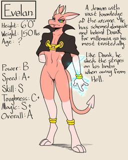 anthro cape cloak clothing fangs gold_(metal) gold_jewelry horn jewelry magic magic_user male pose resting resting_bitch_face resting_pose solo spade_tail tail teeth text 60percentscalie evelan_(60percentscalie) demon scalie 4:5 english_text hi_res model_sheet