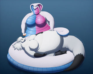 anthro apode belly big_belly big_breasts black_body black_scales blue_eyes breasts chubby_cheeks claws dessert digitigrade double_chin doughnut duo fat_arms feedee feeder feederism female food fur hair hand_on_belly huge_belly legless long_tail lying morbidly_obese morbidly_obese_anthro morbidly_obese_female obese obese_anthro obese_female on_back overweight overweight_anthro overweight_female pastry pink_eyes scales serpentine smile tail thick_tail thick_thighs white_body white_fur white_hair white-dragon mythology ayla_(whitedragoncito) victoire draconcopode dragon furred_dragon furred_scalie mythological_creature mythological_scalie naga reptile scalie snake 2025 5:4 cel_shading hi_res shaded signature
