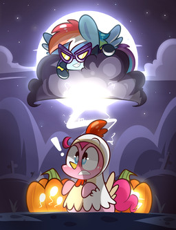 blue_body blue_eyes blue_feathers blue_fur cemetery chibi clothing cloud costume cross cutie_mark duo exclamation_point eyewear feathered_wings feathers female feral food fruit fur goggles grave hair holidays jack-o'-lantern light moon multicolored_hair night open_mouth outside pink_body pink_fur pink_hair plant pumpkin rainbow_hair sky slightly_chubby smile star starry_sky teeth tombstone wings mackinn7 friendship_is_magic halloween hasbro my_little_pony mythology pinkie_pie_(mlp) rainbow_dash_(mlp) shadowbolts_(mlp) avian bird chicken earth_pony equid equine galliform horse mammal mythological_creature mythological_equine pegasus phasianid pony 2013 hi_res lighting