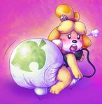 anthro big_diaper blush bottomwear clean_diaper clothed clothing diaper female open_mouth sex_toy solo underwear vibrator vibrator_on_diaper wand_vibrator wearing_diaper befuddledbunny animal_crossing nintendo isabelle_(animal_crossing) canid canine canis domestic_dog mammal shih_tzu toy_dog hi_res