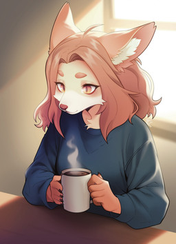 anthro beverage claws clothing coffee coffee_cup coffee_mug container cup female fur furniture hair holding_container holding_cup holding_object inner_ear_fluff inside orange_body orange_eyes orange_fur orange_hair sitting smile solo steam sweater table topwear tuft white_inner_ear_fluff window window_light alletana poppy_(alletana) canid canine domestic_cat felid feline felis fox hybrid mammal 2024 hi_res signature
