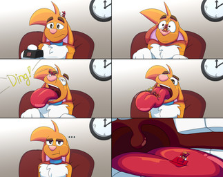 3_toes 4_fingers anthro big_tongue cartoon_gloves cartoon_physics collar duo extreme_size_difference eyebrows feet fingers inside_mouth long_tongue lying macro male male/male mawplay micro on_back paws size_difference soft_vore tail toes tongue toony toony_moment uvula vore wide_tongue doggydog doggydog_(character) roderick_(tamerkoh) toon_doggydog_(doggydog) canid canine canis domestic_dog lagomorph leporid mammal rabbit absurd_res comic hi_res