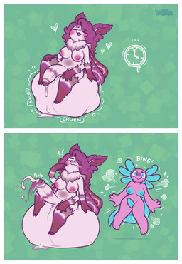 4_arms animal_genitalia antennae_(anatomy) anthro areola balls balls_expansion big_balls big_penis black_sclera blush bodily_fluids breasts cock_vore cum cum_vore digestion duo expansion fully_inside genital_expansion genital_fluids genitals gynomorph hair heart_symbol huge_balls huge_penis humanoid_genitalia humanoid_penis hyper hyper_balls hyper_genitalia hyper_penis inside_balls intersex intersex/intersex long_hair multi_arm multi_limb neck_tuft nipples non-mammal_balls non-mammal_nipples penile penis pink_body reformation tapering_penis tuft vore wings keffotin lotti_(unowo) sedosa_(unowo) amphibian aquatic arthropod axolotl insect lepidopteran mole_salamander moth salamander 2022 absurd_res comic digital_media_(artwork) hi_res sequence signature trans_(lore) trans_woman_(lore)