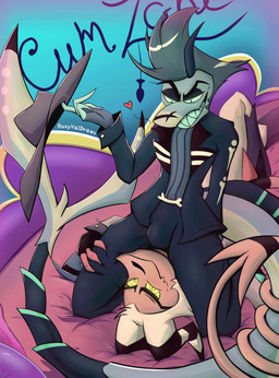 anthro bed bulge bulge_in_face clothed clothing duo entwined_tails facial_hair fully_clothed furniture glowing glowing_eyes green_body green_eyes green_hair green_skin hair holding_object horn leg_grab long_tail lying lying_on_bed male male/male mustache nervous nervous_smile on_bed ringed_eyes simple_background sitting_on_another skinny smile smiling_at_another smiling_at_partner spade_tail spiked_tail spikes spikes_(anatomy) tail tail_coil white_hair yellow_eyes roxyvaldraws hellaverse helluva_boss chazwick_thurman striker_(helluva_boss) aquatic demon fish imp shark hi_res