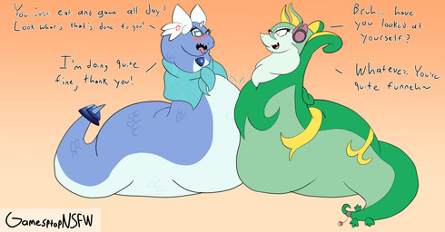 angry apode belly_press empty_eyes eyelashes eyewear female forked_tongue gem glasses legless markings obese obese_female overweight overweight_female red_eyes serpentine shawl simple_background text tongue tongue_out wings yellow_ears yellow_markings gamesptop nintendo pokemon claire_(gamesptop) clover_(garuda_six) dragonair generation_1_pokemon generation_5_pokemon pokemon_(species) serperior absurd_res english_text hi_res