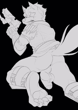 4_toes anthro anus ball_tuft balls black_background blush claws clothing eye_patch eye_scar eyewear facial_scar feet foreskin fur genitals gun holding_gun holding_object holding_ranged_weapon holding_weapon humanoid_genitalia humanoid_penis jacket looking_back male pawpads penis ranged_weapon rear_view scar simple_background solo tail teeth toe_claws toes topwear tuft weapon idrysse3 nintendo star_fox wolf_o'donnell canid canine canis mammal wolf hi_res monochrome
