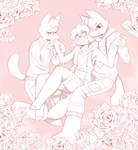ambiguous_gender anthro aym_(cult_of_the_lamb) baal_(cult_of_the_lamb) blush blush_lines bovid caprine clothed clothing cotl-flower-crown cult_of_the_lamb domestic_cat felid feline felis flirting flower fluffy group hi_res kissing_hand lamb_(cult_of_the_lamb) male mammal massive_monster_(studio) pink_background plant polyamory rose_(flower) sheep simple_background trio tuft
