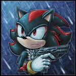 anthro black_body black_fur black_nose fluffy_chest fur gun handgun male pistol raindrops raining ranged_weapon red_eyes red_stripes simple_background solo stripes weapon wet wet_body white_chest white_glove skeletalheart sega sonic_the_hedgehog_(series) shadow_the_hedgehog eulipotyphlan hedgehog mammal portrait