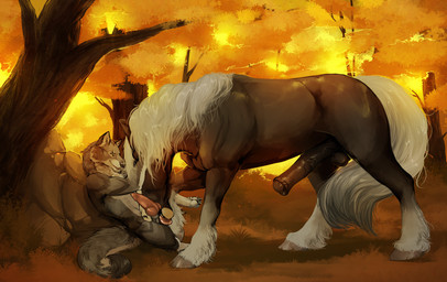 animal_genitalia animal_penis anthro anthro_on_feral athletic athletic_anthro athletic_male ball_lick balls bestiality black_body black_fur black_penis canine_genitalia canine_penis detailed_background duo equine_genitalia equine_penis erection feathering fellatio feral fur genitals grass grey_body grey_fur hair hand_on_head hooves interspecies knot knotted_penis larger_feral larger_male licking male male/male male_anthro male_feral male_on_feral mane nude nude_anthro nude_male open_mouth open_smile oral outside penile penis pink_penis plant quadruped sex sheath sitting size_difference smaller_anthro smaller_male smile standing tail teeth tongue tongue_out tree vein veiny_penis white_body white_fur white_hair i-psilone donner_(tarogar) warren_(tarogar) canid canine canis draft_horse equid equine horse mammal wolf 2020 hi_res