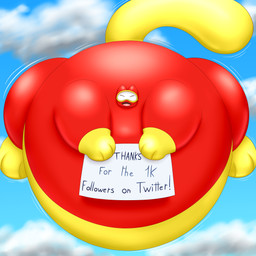 air_inflation anthro belly big_belly buoyant floating glistening glistening_body holding_object holding_sign huge_belly hyper hyper_belly inflated_belly inflation male motion_lines red_body sign sky solo text yellow_body kittypooka kitty_pooka domestic_cat felid feline felis hybrid mammal pooka_(dig_dug) 1:1 absurd_res english_text hi_res