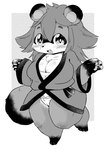 anthro asian_clothing big_breasts breasts camel_toe chest_tuft chibi claws cleavage clothed clothing east_asian_clothing facial_markings female fundoshi fur hair head_markings japanese_clothing kemono kimono markings mask_(marking) on_one_leg pawpads paws smile solo standing tuft underwear ukan_muri canid canine mammal raccoon_dog tanuki 2023 absurd_res hi_res monochrome