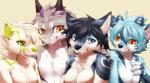 anthro blue_eyes breasts casual_nudity featureless_breasts female fur green_eyes group hair kemono male naturally_censored nude smile sparklefur ryuuzenga rio_ryuuzenga rufen saki_(garasaki) canid canine canis fox mammal unknown_species wolf 2015