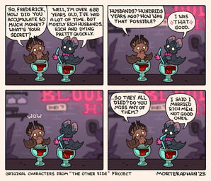 ambiguous_gender bar bat_wings black_body blood blood_in_glass bodily_fluids bow_tie brown_body curse dialogue drinking_straw_in_mouth duo ear_tuft fangs feral humor inside male membrane_(anatomy) membranous_wings no_pupils speech_bubble teeth text tuft wings morteraphan frederick_(morteraphan) bat mammal vampire 2025 comic english_text signature