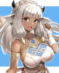 breasts brown_body brown_skin clothing ear_piercing ear_ring female fingers hair horn long_hair looking_at_viewer open_mouth open_smile piercing ring_piercing smile solo white_hair gonzarez1938 fire_emblem fire_emblem_heroes nintendo ash_(fire_emblem) animal_humanoid bovid bovid_humanoid humanoid mammal mammal_humanoid 2021