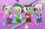 1990s 4_fingers anthro backwards_baseball_cap backwards_hat baseball_cap beak bottomwear clothed clothing electronics eyelashes eyewear feathers female fingers hat headgear headphones headwear male open_mouth open_smile shirt shorts smile sunglasses tank_top topwear white_body white_feathers yellow_beak itoruna disney ducktales ducktales_(2017) quack_pack dewey_duck huey_duck louie_duck webby_vanderquack anatid anseriform avian bird duck 2017 digital_media_(artwork) hi_res brother_(lore) brothers_(lore) cousins_(lore) sibling_(lore)