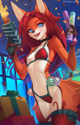 5_fingers anthro bikini biped blue_eyes breasts choker christmas_decorations christmas_ornament christmas_present clothing confetti detailed_background female fingers fireworks fur gift hair happy holding_object holidays inner_ear_fluff jewelry legwear multicolored_body multicolored_fur navel necklace open_mouth orange_body orange_fur ornament red_hair small_breasts solo standing swimwear thigh_highs tuft two-piece_swimsuit two_tone_body two_tone_fur white_body white_fur wide_hips ansart christmas cassie_(amarihel) canid canine fox mammal absurd_res hi_res