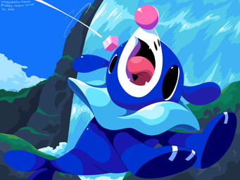 ambiguous_gender black_eyes blue_body cloud detailed_background fangs feral markings midair moss open_mouth plant pokeblock sky solo teeth tongue water waterfall whisker_markings sleepy_sealion nintendo pokemon generation_7_pokemon pokemon_(species) popplio 2026 4:3 absurd_res dated hi_res signature