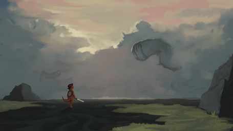 anthro holding_object holding_weapon landscape male melee_weapon outside shield solo sword walking weapon marsminer mammal monster mustelid otter 16:9 2019 absurd_res hi_res widescreen