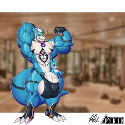 anthro balls biceps big_muscles big_penis blue_body bulge claws clothing countershading flexing flexing_bicep genitals gloves hair hand_behind_head handwear horn huge_muscles ineffective_clothing jewelry male markings muscular muscular_male pecs pendant penis photo_background solo speedo standing swimwear tail text vein white_hair pirin-apex ponyanony bandai_namco digimon digimon_(species) exveemon 1:1 hi_res photography_(artwork) signature url