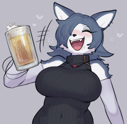 alcohol anthro armwear beer beer_mug beverage blush bracelet breasts clothed clothing drunk ear_piercing elbow_gloves eyes_closed fangs female female_anthro fur gloves grey_body grey_clothing grey_fur grey_hair grey_sweater grey_topwear hair hair_over_eye handwear happy heart_symbol holding_object jewelry kemono multicolored_body multicolored_fur one_eye_obstructed open_mouth open_smile piercing smile solo substance_intoxication sweater sweater_vest teeth tight_clothing tongue topwear two_tone_body two_tone_fur vest white_body white_fur sususuigi silver_foxy canid canine fox mammal red_fox silver_fox true_fox 2022 digital_media_(artwork) half-length_portrait hi_res portrait