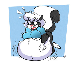 anthro belly big_belly black_body blue_eyes bottomless breasts butt clothed clothing female fur huge_belly hyper hyper_belly inflation online overweight shirt solo stripes topwear abyssalplasm sabrina_online sabrina_(sabrina_online) mammal mephitid skunk hi_res
