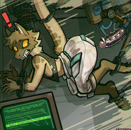 alert anthro arm_grab bound claws dildo ears_up exclamation_point fangs fluffy fur gloves_(marking) imminent_anal leg_grab male male_anthro markings questionable_consent scales sex_toy solo tail tail_grab tan_body tan_fur teeth text yellow_eyes areye_(artist) fallout microsoft marshal_(marshalaxis) canid canine canis coyote mammal night_stalker_(fallout) pit_viper rattlesnake reptile scalie snake viper hi_res