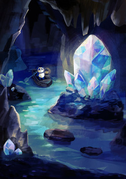 anthro blush boat cave chibi detailed_background inside solo vehicle watercraft white_body araru bear giant_panda mammal 2023 absurd_res hi_res