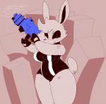 abstract_background anthro biped breasts clothed clothing female front_view fur gloves gun hair handwear head_tuft holding_gun holding_object holding_ranged_weapon holding_weapon latex leotard ranged_weapon smoke solo standing suit tuft weapon kiseff candy_mcgee lagomorph leporid mammal rabbit 2019 hi_res