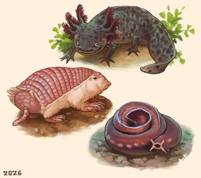 black_body black_eyes black_skin black_spots brown_body brown_skin dirt feral grey_body grey_skin group pale_fur pink_body pink_scales plant quadruped scales simple_background spots teal_eyes trio white_background alexpahomov amphibian aquatic armadillo axolotl cyclostome fish hagfish jawless_fish mammal mole_salamander pacific_hagfish pink_fairy_armadillo salamander xenarthran 2026 digital_media_(artwork) digital_painting_(artwork) painting_(artwork) tagme