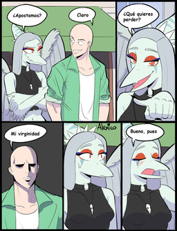 amber_eyes anthro bald biped black_clothing black_crop_top black_shirt black_topwear blue_body blue_scales blush bodily_fluids bone bone_frill breasts canon_couple clothed clothed_anthro clothed_female clothed_human clothed_male clothing collar crop_top crossed_arms day dialogue duo elbow_feathers eyes_closed feathered_wings feathers female fingers frill_(anatomy) green_clothing green_jacket green_topwear grey_body grey_feathers grey_hair hair human_on_anthro humanoid_hands interspecies jacket jewelry long_hair looking_at_another male male/female markings medium_breasts necklace non-mammal_breasts open_mouth outside pupils scales shadow shirt skull small_pupils speech_bubble spiked_collar spikes striped_markings stripes sweat sweatdrop talking_to_another text topwear white_clothing white_shirt white_topwear wings thecooleralexico_(artist) cavemanon_studios goodbye_volcano_high ko_op_(game_developer) snoot_game anon_(snoot_game) fang_(gvh) human mammal prehistoric_species pterosaur reptile scalie 2025 artist_name comic hi_res shaded spanish_text translated