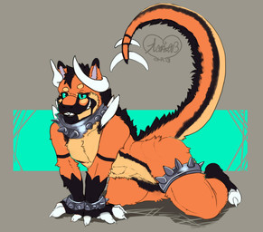 abstract_background all_fours anthro black_markings blue_eyes bracelet collar fur gloves_(marking) grin jewelry leg_markings looking_at_viewer male male_anthro markings nude orange_body orange_fur side_view smile socks_(marking) solo spiked_bracelet spiked_collar spikes chumbasket mythology diraiko_(diraiko) dragon felkin furred_dragon furred_scalie mythological_creature mythological_scalie scalie 2013 dated hi_res signature