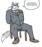 2019 anthro biped bottomwear bound canid canine chair clothed clothing english_text eyewear facial_hair footwear fully_clothed furniture glasses hair hands_behind_back hyenaface male mammal mature_anthro mature_male necktie pants ponytail shoes simple_background sitting solo speech_bubble suit text white_background