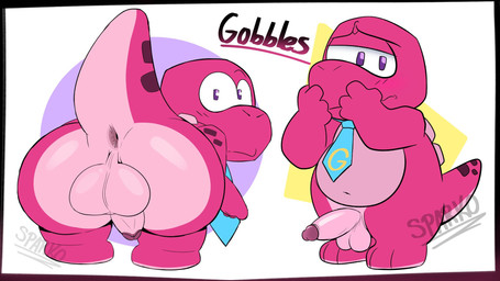 accessory anthro anus balls blush butt erection genitals male necktie penis pink_body slightly_chubby solo standing sparko_va gameoverse glitch_productions gobbles_(gameoverse) dinosaur prehistoric_species reptile scalie 2026 hi_res