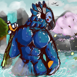 anthro back_muscles barazoku bath bathing beckoning butt cherry_blossom detailed_background feathers flower gesture lily_pad looking_at_viewer looking_back male muscular muscular_anthro muscular_male nude outside partially_submerged plant pond prunus_(flower) rear_view river rock showering smile solo tail towel tree water waterfall wet sirbreadtix breath_of_the_wild nintendo the_legend_of_zelda kass_(tloz) arthropod avian beetle bird elateroid firefly insect rito 1:1 digital_media_(artwork)