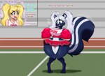 anthro big_breasts big_tail black_body black_fur blonde_hair blue_eyes blush bottomwear breasts cheerleader cheerleader_outfit clothing english_text female fluffy fluffy_tail flybeeth fur hair hi_res human human_to_anthro knock-kneed mammal mephitid panties pigtails pom_poms short_stack short_stackification skirt skunk solo species_transformation tail text thick_thighs tongue tongue_out transformation underwear white_hair wide_hips