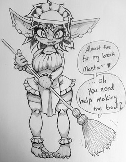 clothing digit_ring feet female foot_fetish humanoid_feet jewelry maid_apron maid_headdress maid_uniform plantigrade ring solo sweeping text thick_thighs toe_ring toes uniform wrinklesfeedmysoul wrinkles_the_goblin goblin humanoid absurd_res english_text hi_res monochrome